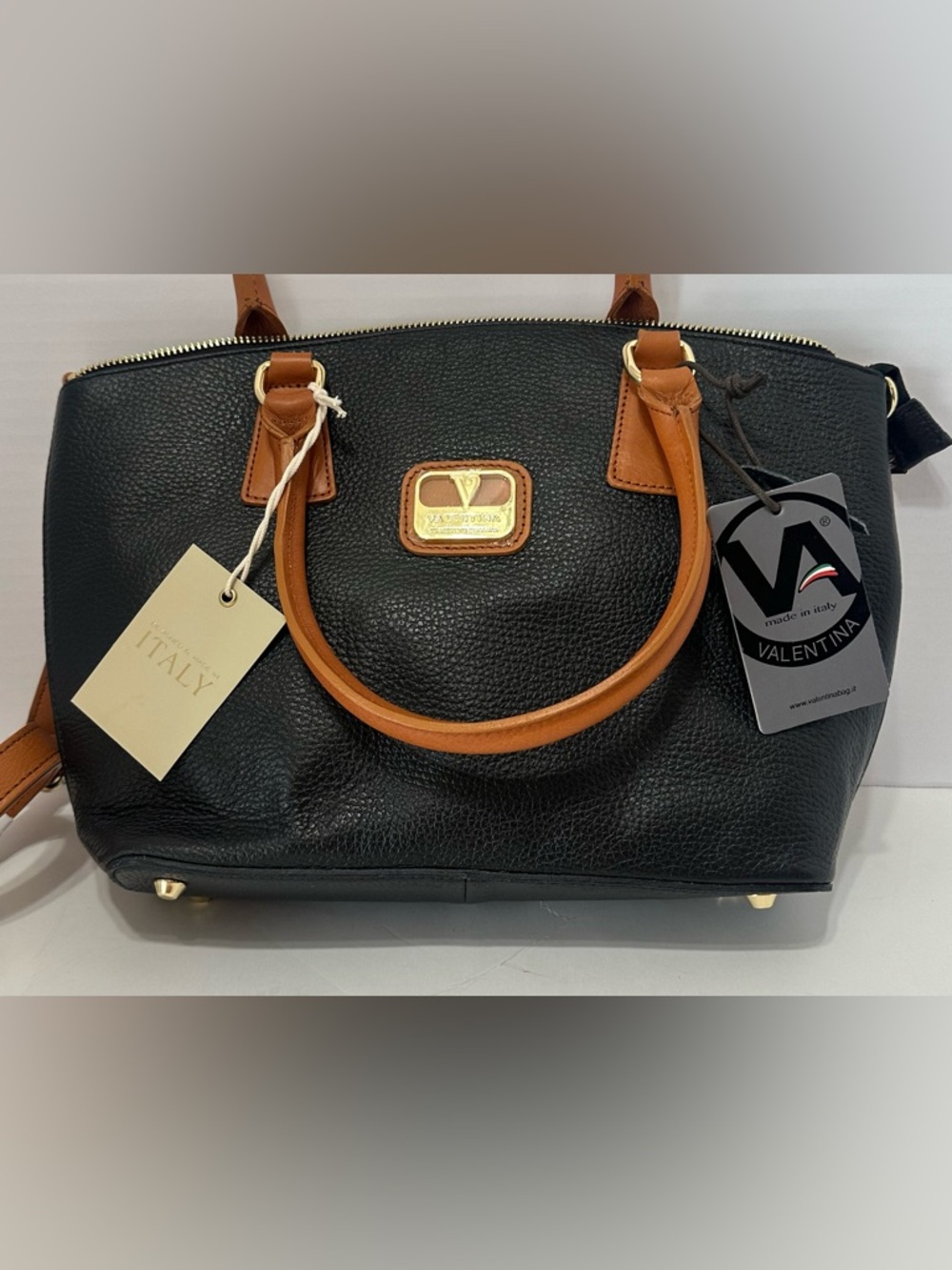 Valentina Black Leather Satchel Purse with Tan Handles